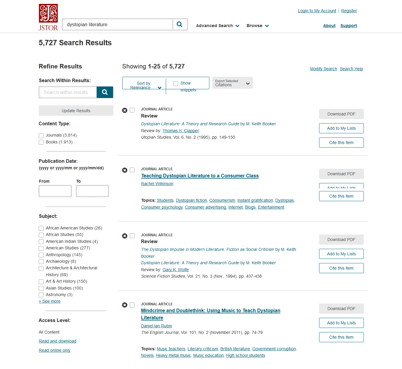 JSTOR Suchergebnisse