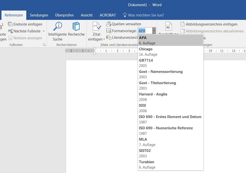 Literaturverzeichnis in Word: Formatvorlage auswählen