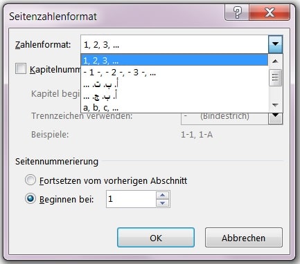 Seitenzahlenformat aufrufen