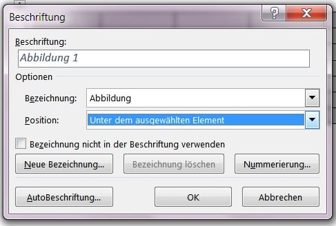 Tabellenverzeichnis in Word in Position setzen