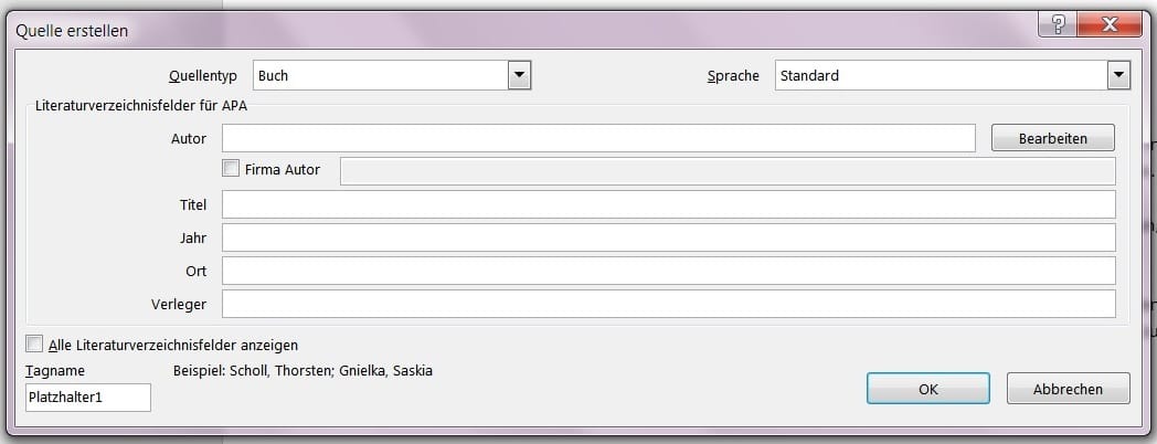 Literaturverzeichnis in Word: Neue Quelle hinzufügen
