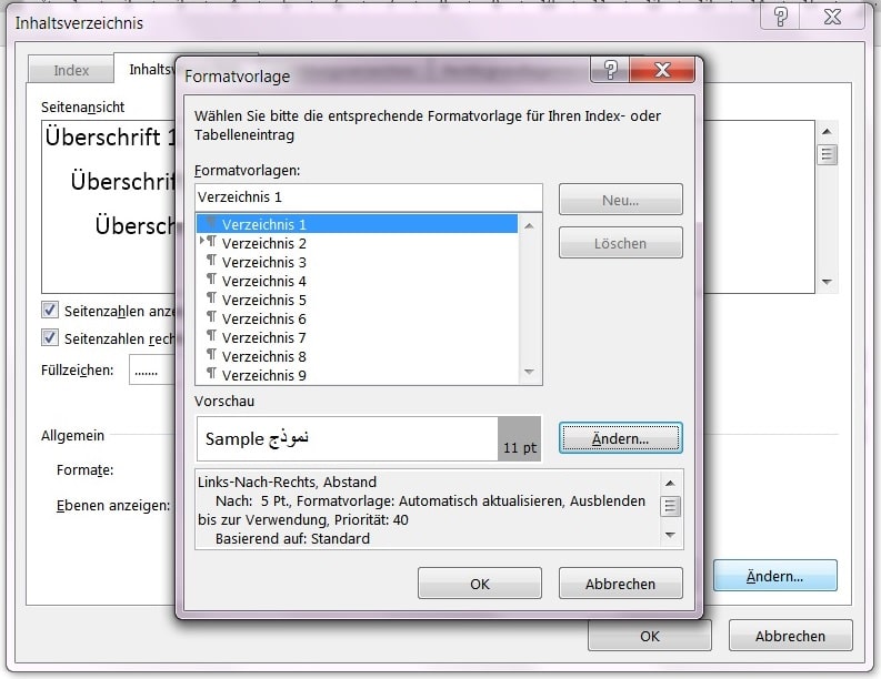 Inhaltsverzeichnis ändern