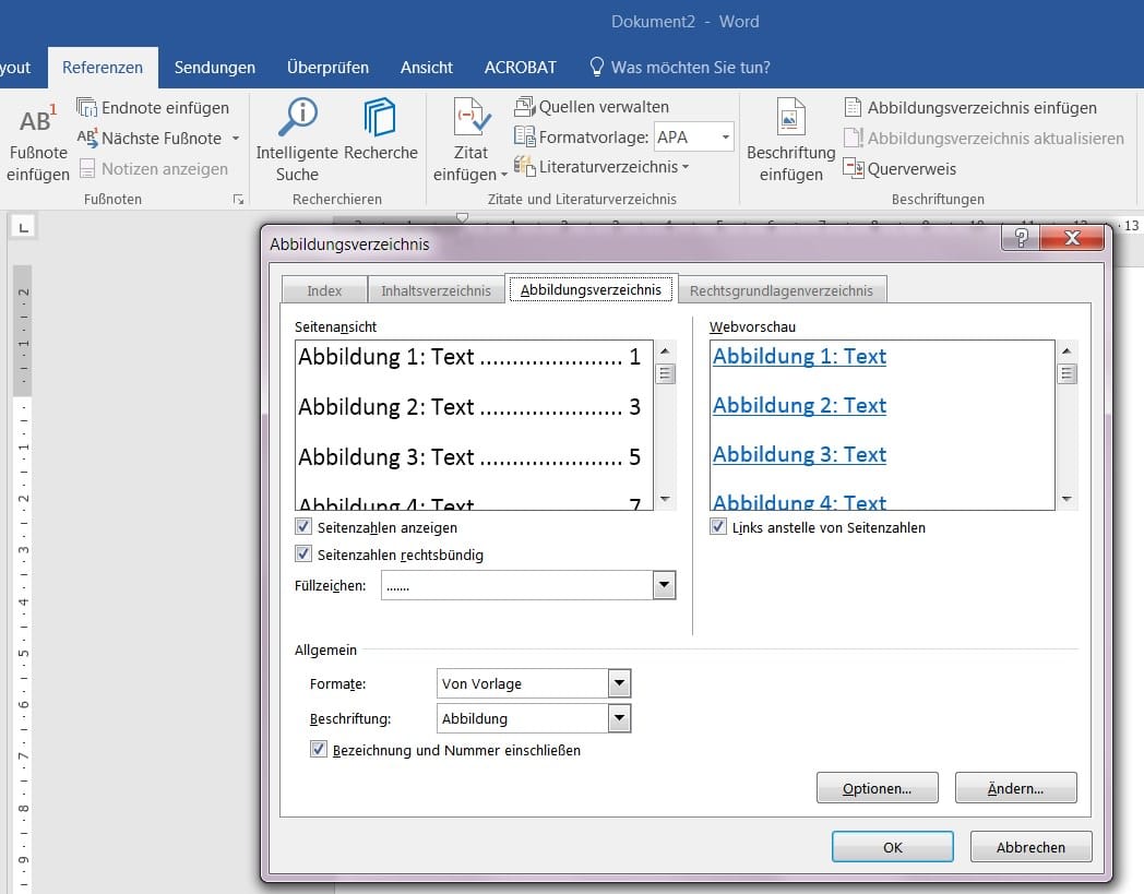 Darstellungsformat für das Abbildungsverzeichnis in Word wählen