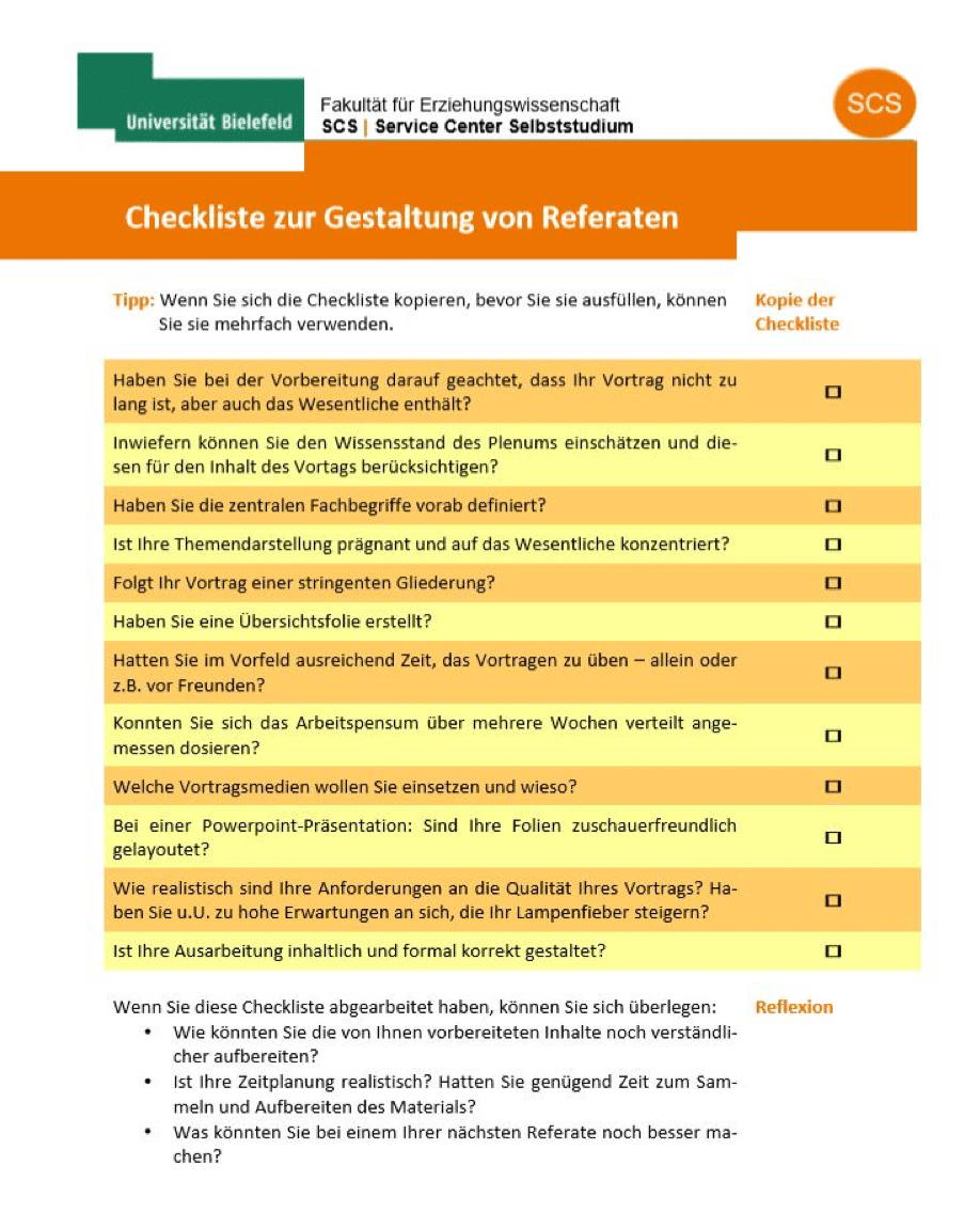 Referat Checkliste Muster Zum Handout Tipps Fur Den Vortrag