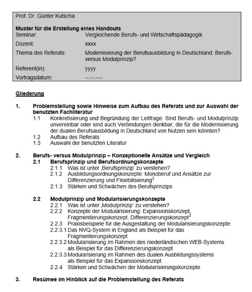 Muster eines Handouts für ein Referat der Universität Duisburg-Essen